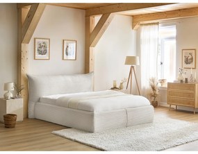 Pat matrimonial crem tapițat cu spațiu de depozitare cu somieră 160x200 cm Jade – Bobochic Paris