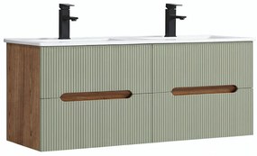 Trent 120 dulap de baie inferior cu chiuvetă ceramică (4 sertare) stejar apus de soare-olive verde