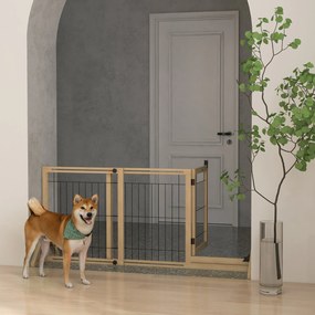 PawHut Gard Extensibil pentru Câini, Gard de Siguranță pentru Animale cu Ușă și 2 Panouri, Picioare Triangulare, 112-159x70 cm, Lemn Natural | Aosom Romania