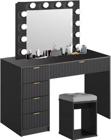 Masuta machiaj cu Oglinda LED si 5 Sertare pentru Cosmetice, Set Masa toaleta 120 cm, Alb, masuta cosmetica, vanity - SEN22