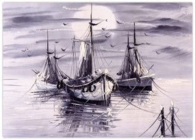 Tablou pe sticlă - Port marin, pictură în ulei (70x50 cm)