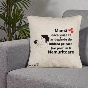 Cadou pentru Mama - Perna Personalizata Mama Nemuritoare Imbratisare Copil, 40x40 cm, Bej Canapea, Husa Detasabila, Perna Inclusa, BEKZ®