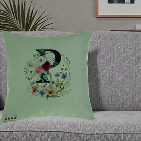Cadou Personalizat - Perna Personalizata Monogram Litera P cu Flori Acuarela, 40x40 cm, Verde, Husa Detasabila, Perna Inclusa, BEKZ®