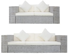 Set de canapea cu perne, 2 piese, gri, ratan natural Gri, 2 locuri + 3 locuri