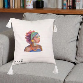 Perna Decorativa Portret Femeie Urbana Acuarela, 40x40 cm, Bej cu Franjuri, Husa Detasabila, Perna Inclusa, BEKZ®