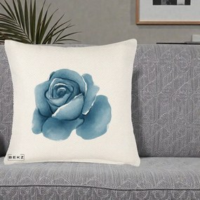 Perna Decorativa Trandafir Albastru Acuarela, 40x40 cm, Crem Reliefat, Husa Detasabila, Perna Inclusa, BEKZ®