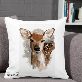 Perna Decorativa Caprioara Pui Acuarela, 40x40 cm, Alba Mata, Husa Detasabila, Perna Inclusa, BEKZ®
