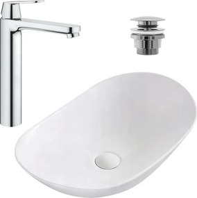 Pachet lavoar pe blat Rea Royal alb 62.5 cm, baterie lavoar Grohe Eurosmart Cosmopolitan XL crom si ventil lavoar Click-Clack crom