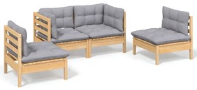 Set mobilier de gradina cu perne, 4 piese, gri, lemn masiv pin Maro  si gri, 1