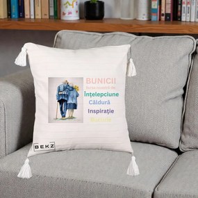 Cadou pentru Bunici - Perna Personalizata Bunicii Sursa Intelepciune Caldura Acuarela, 40x40 cm, Bej cu Franjuri, Husa Detasabila, Perna Inclusa, BEKZ®