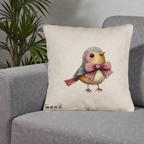 Perna Decorativa Pasare Bleu cu Fundita Roz, 40x40 cm, Bej Canapea, Husa Detasabila, Perna Inclusa, BEKZ®