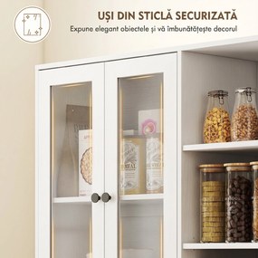 HOMCOM Bufet Bucătărie Înalt, Dulap Dispensa cu 4 Uși din Sticlă Soft-Close, 6 Rafturi Deschise, Rafturi Reglabile, Alb | Aosom Romania