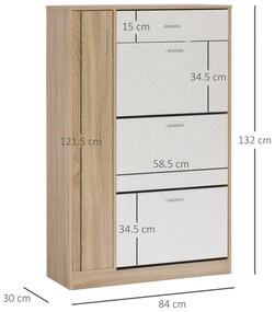 HOMCOM Suport pentru Pantofi Modern care Economiseste Spatiu cu 3 Usi si Rafturi Reglabile, Sertar si Dulapior cu Polite, Culoarea Lemnului si Alb