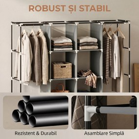 HOMCOM Dulap Textil Portabil in Material Nețesut și Oțel, cu Roți, 10 Compartimente și 2 Bare pentru Umerașe, Gri Închis | Aosom Romania