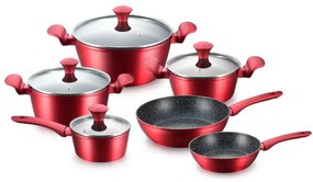 Set de oale si tigai Royalty Line FD10, 10 piese, Aluminiu turnat, Acoperire din marmura Greblon, Inductie, Rosu