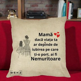 Cadou pentru Mama - Perna Personalizata Mama Nemuritoare Line Art, 40x40 cm, Crem, Husa Detasabila, Perna Inclusa, BEKZ®