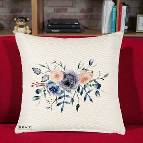Perna Decorativa Buchet Flori Albastre Acuarela, 40x40 cm, Crem Reliefat, Husa Detasabila, Perna Inclusa, BEKZ®