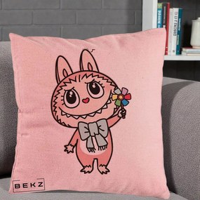 Perna Personalizata Labubu Roz cu Morisca, 40x40 cm, Roz, Husa Detasabila, Perna Inclusa, BEKZ®