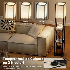 Lampă de Podea HOMCOM LED cu Rafturi, Lampă Modernă cu Comutator și Porturi USB, Lumină Reglabilă pentru Living și Dormitor, Neagră | Aosom Romania