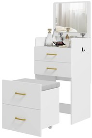 HOMCOM Coasă cu oglindă și taburet 3 în 1, 3 sertare și placă de sticlă vizibilă, pernă tapitată, 48 x 40 x 90 cm, alb | Aosom Romania
