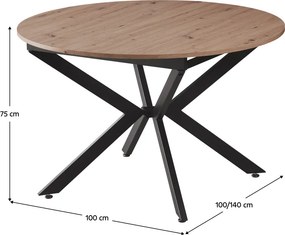 Masă extensibilă de dining, stejar artisan / neagră, 100x100-140x75 cm, ABERO TIP 1