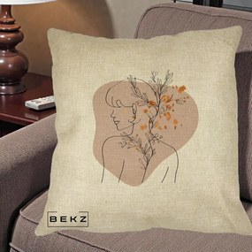 Perna Decorativa Femeie cu Flori Line Art Boho, 40x40 cm, Crem, Husa Detasabila, Perna Inclusa, BEKZ®