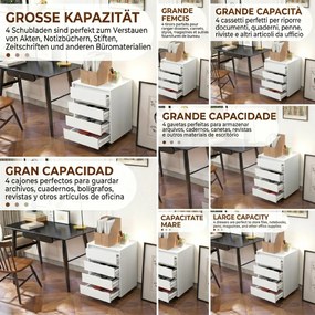 HOMCOM Comodă de Birou cu 4 Sertare și Roți pentru Studiu 46x40x65 cm Alb | Aosom Romania