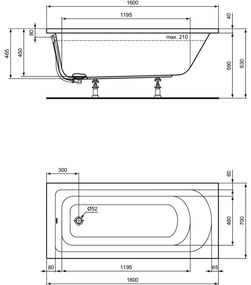 Cada baie incastrata Ideal Standard Hotline, dreptunghiulara, 160x70 cm 1600x700 mm