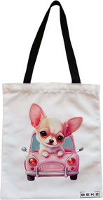 Sacosa de Panza pentru Cumparaturi, Geanta Tote, model Chihuahua the Driver, Cu fermoar, 38x34.5 cm, Alba, BEKZ®