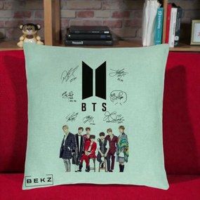 Perna Personalizata K-pop BTS Semnaturi Foto, 40x40 cm, Verde Menta, Husa Detasabila, Perna Inclusa, BEKZ®
