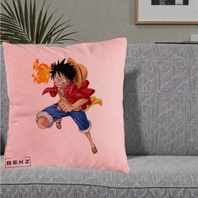Perna Personalizata One Piece Luffy Gear Second Foc, 40x40 cm, Roz, Husa Detasabila, Perna Inclusa, BEKZ®