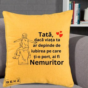 Cadou pentru Tata - Perna Personalizata Tata Supererou Nemuritor, 40x40 cm, Galben, Husa Detasabila, Perna Inclusa, BEKZ®