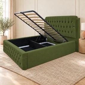 Pat tapițat Chesterfield din catifea Aveline Deluxe 180×200 cm, kaki, cu ladă de depozitare