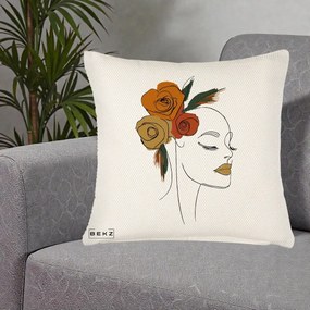 Perna Decorativa Portret Feminin Trandafiri Ruginii, 40x40 cm, Crem Reliefat, Husa Detasabila, Perna Inclusa, BEKZ®