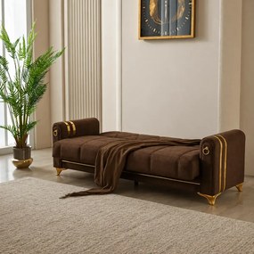 Canapea extensibila cu lada de depozitare 220x87x93 cm, maro si detalii aurii – Camara