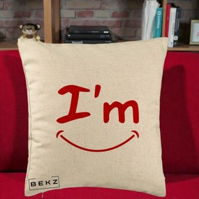 Perna Decorativa I'm Happy Smile, 40x40 cm, Bej, Husa Detasabila, Perna Inclusa, BEKZ®