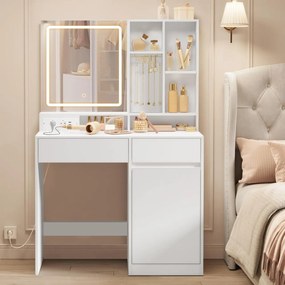 Masuta machiaj cu Oglinda LED si 2 Sertare pentru Cosmetice, Set Masa toaleta 90 cm, Alb, masuta cosmetica, vanity - SEA804