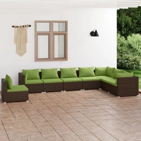 Set mobilier de gradina cu perne, 8 piese, maro, poliratan maro si verde, 3x colt + 5x mijloc, 1