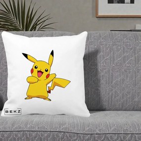 Perna Personalizata Pikachu Fericit, 40x40 cm, Alba Mata, Husa Detasabila, Perna Inclusa, BEKZ®
