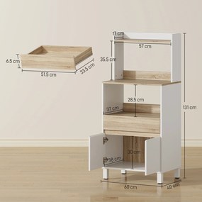 HOMCOM Dulap pentru Microunde din Lemn cu Raft, Blat Deschis, Sertar și Dulap, 60x40x131 cm, Alb | Aosom Romania