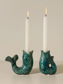 Set 2 suporturi pentru lumanari din ceramica, verde inchis, "Fish"