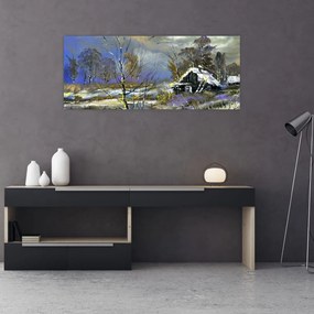 Tablou -Cabane într-un peisaj de iarnă, pictură în ulei (120x50 cm)