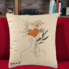 Perna Decorativa Portret Feminin Coroana Florala, 40x40 cm, Bej, Husa Detasabila, Perna Inclusa, BEKZ®