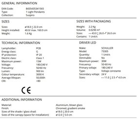 Pendul LED modern design decorativ Suspiro D-18cm crom/fumuriu