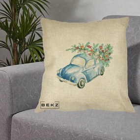 Perna Decorativa Masinuta Albastra cu Brad de Craciun, 40x40 cm, Crem, Husa Detasabila, Perna Inclusa, BEKZ®