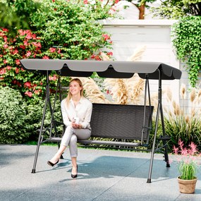 Outsunny Leagăn de Grădină 3 Locuri din Ratan PE cu Acoperiș Reglabil și Suporturi pentru Pahare, Leagăn de Exterior cu Cadru din Oțel, Capacitate 320 kg, 204x112x150 cm, Gri | Aosom Romania