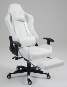 RESIGILAT- Scaun gaming, masaj în perna lombară, suport picioare, funcție șezlong, 90-180 grade, piele ecologica, Alb