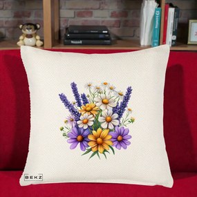 Perna Decorativa Lavanda Musetel si Flori Mov, 40x40 cm, Crem Reliefat, Husa Detasabila, Perna Inclusa, BEKZ®