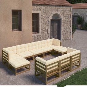 3077167 vidaXL Set mobilier grădină perne, 10 piese, maro miere lemn masiv pin