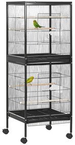 PawHut Colivie pentru Păsări cu 4 Roți Pivotante, Tăvi Detașabile și Recipiente din Plastic, 51.5x50x140 cm, Negru | Aosom Romania